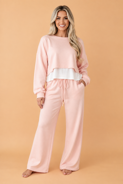PRETTY BASH Solid Contrast Overlay Top & Drawstring Pant Set