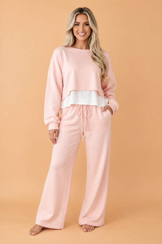 PRETTY BASH Solid Contrast Overlay Top & Drawstring Pant Set