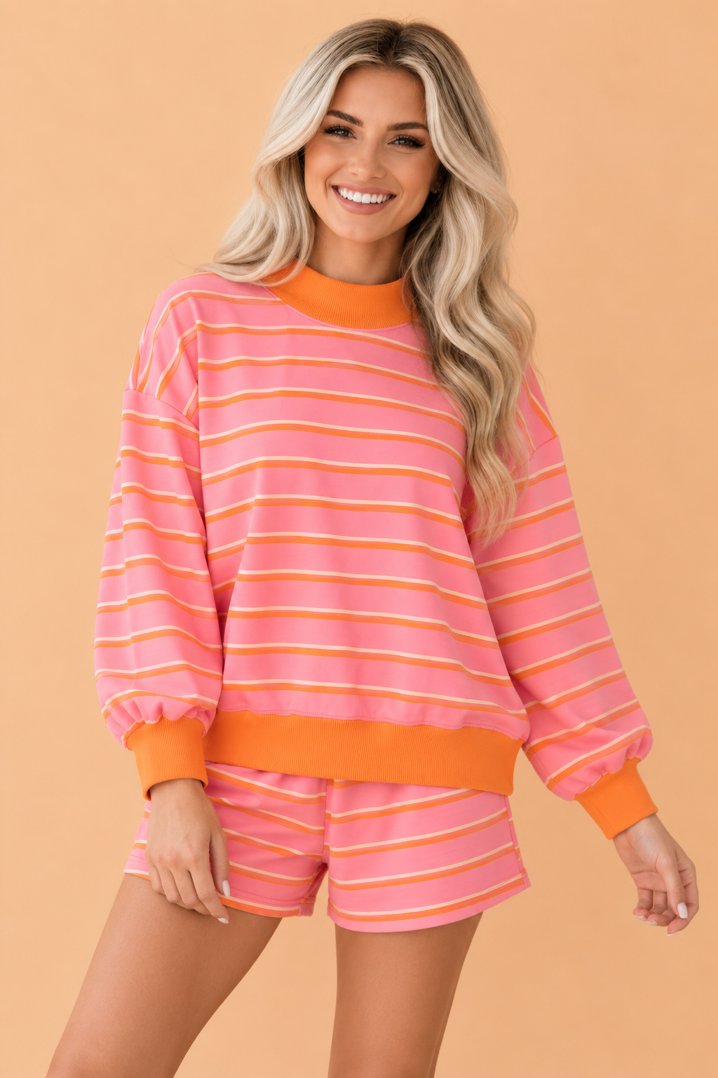 Stripe Colorblock Mock Neck Sweatshirt & Shorts Set