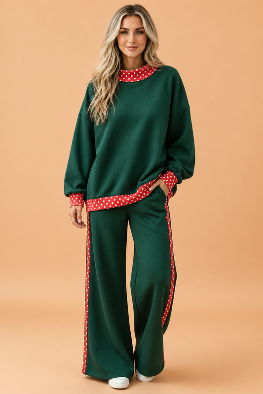 PRETTY BASH Polka Dot Colorblock Mock Neck Top & Pants Set