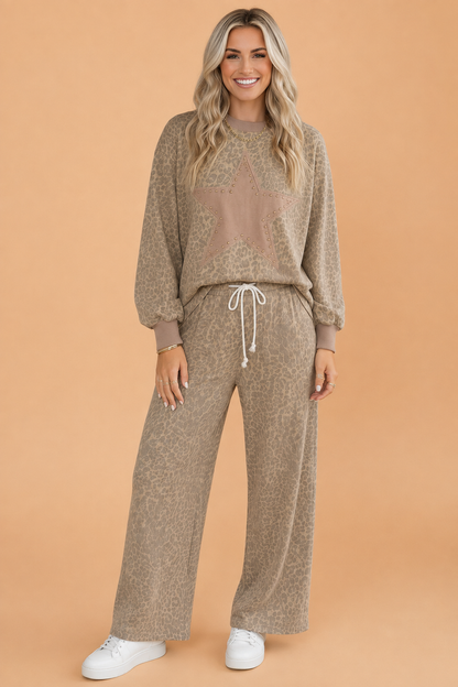 Leopard Star Patch Long Sleeve Top & Pants Set