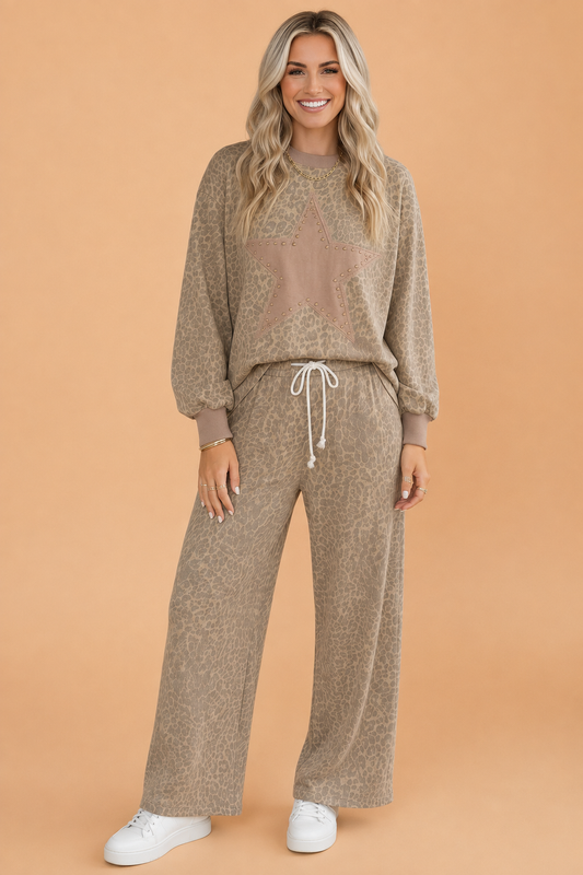Leopard Star Patch Long Sleeve Top & Pants Set