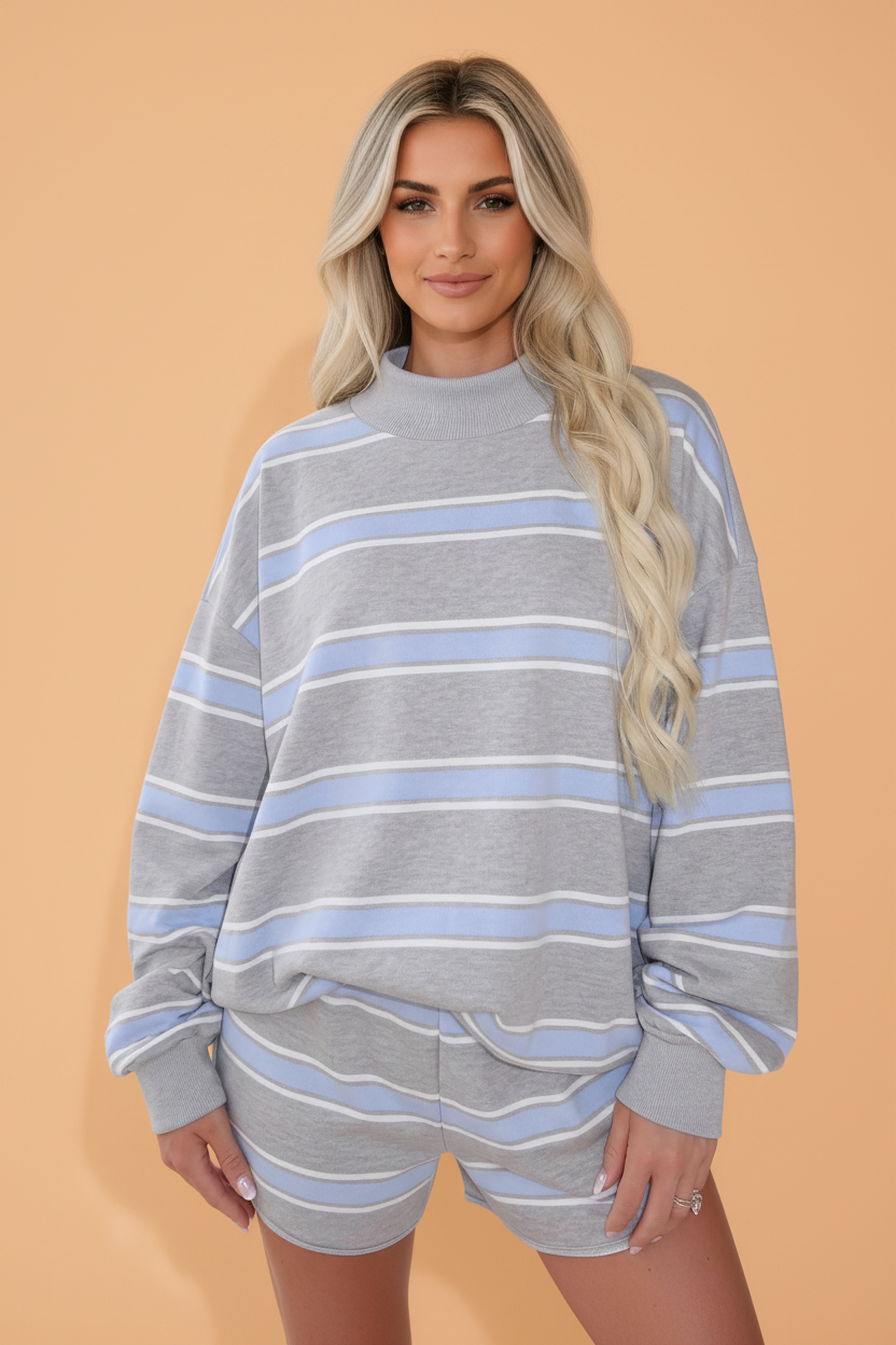 PRETTY BASH Stripe Mock Neck Long Sleeve Top & Shorts Set