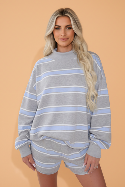 PRETTY BASH Stripe Mock Neck Long Sleeve Top & Shorts Set
