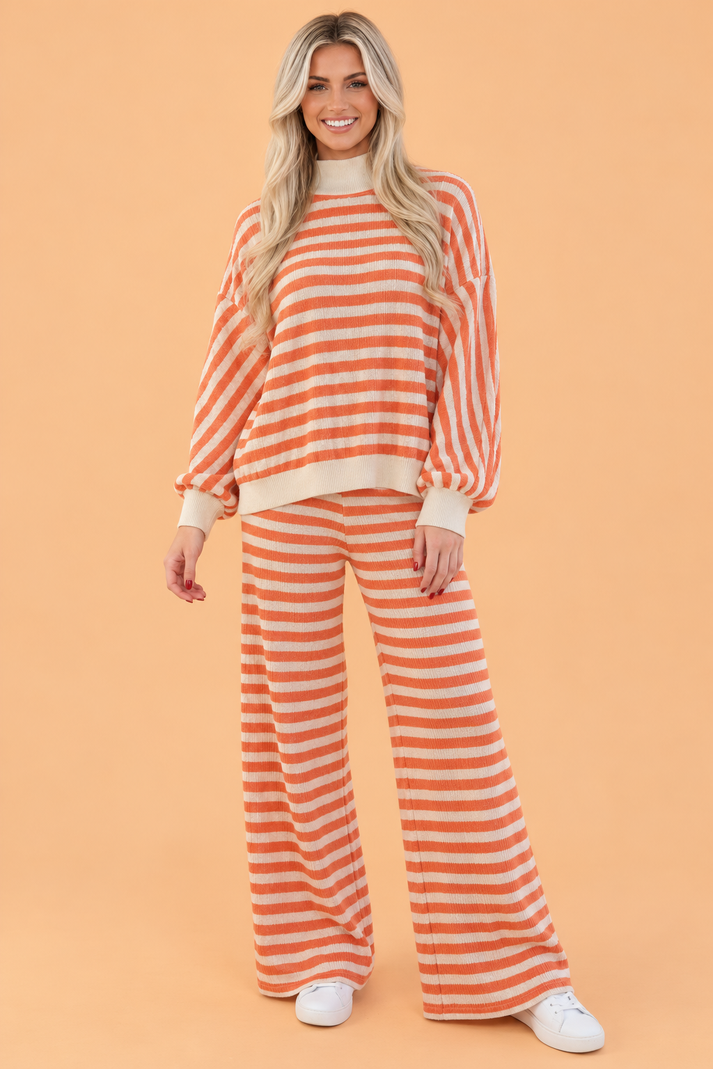 PRETTY BASH Stripe Textured Contrast Mock Neck Top & Pants Set