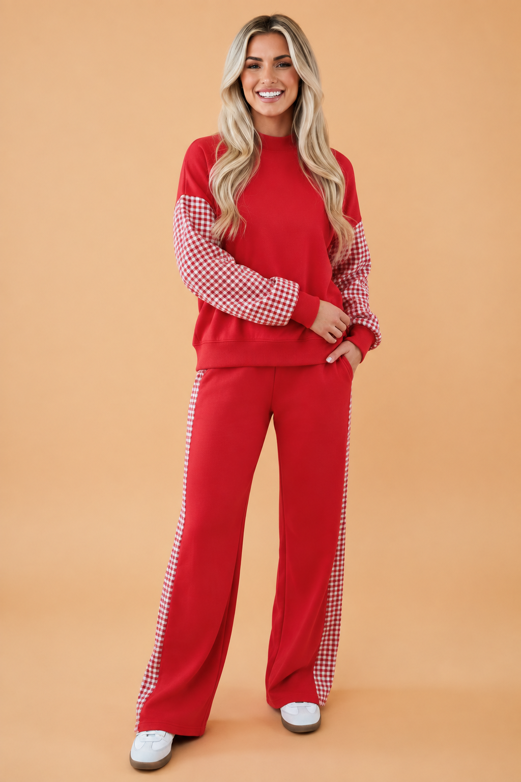 PRETTY BASH Gingham Patchwork Long Sleeve Top & Pants Set