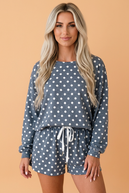 PRETTY BASH Polka Dot Long Sleeve Top & Drawstring Shorts Set