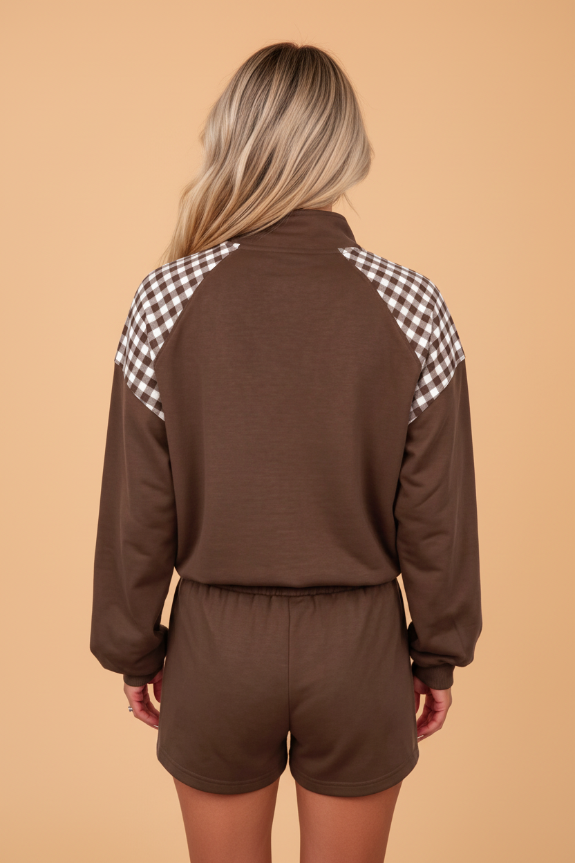 Gingham Patchwork Half-Zip Pullover & Shorts Set