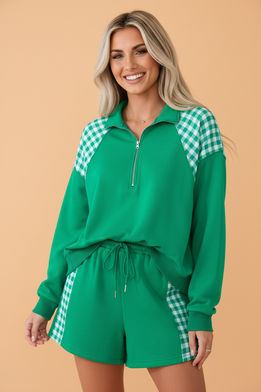 PRETTY BASH Gingham Patchwork Half-Zip Pullover & Shorts Set