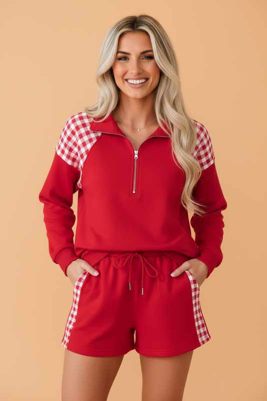 PRETTY BASH Gingham Patchwork Half-Zip Pullover & Shorts Set