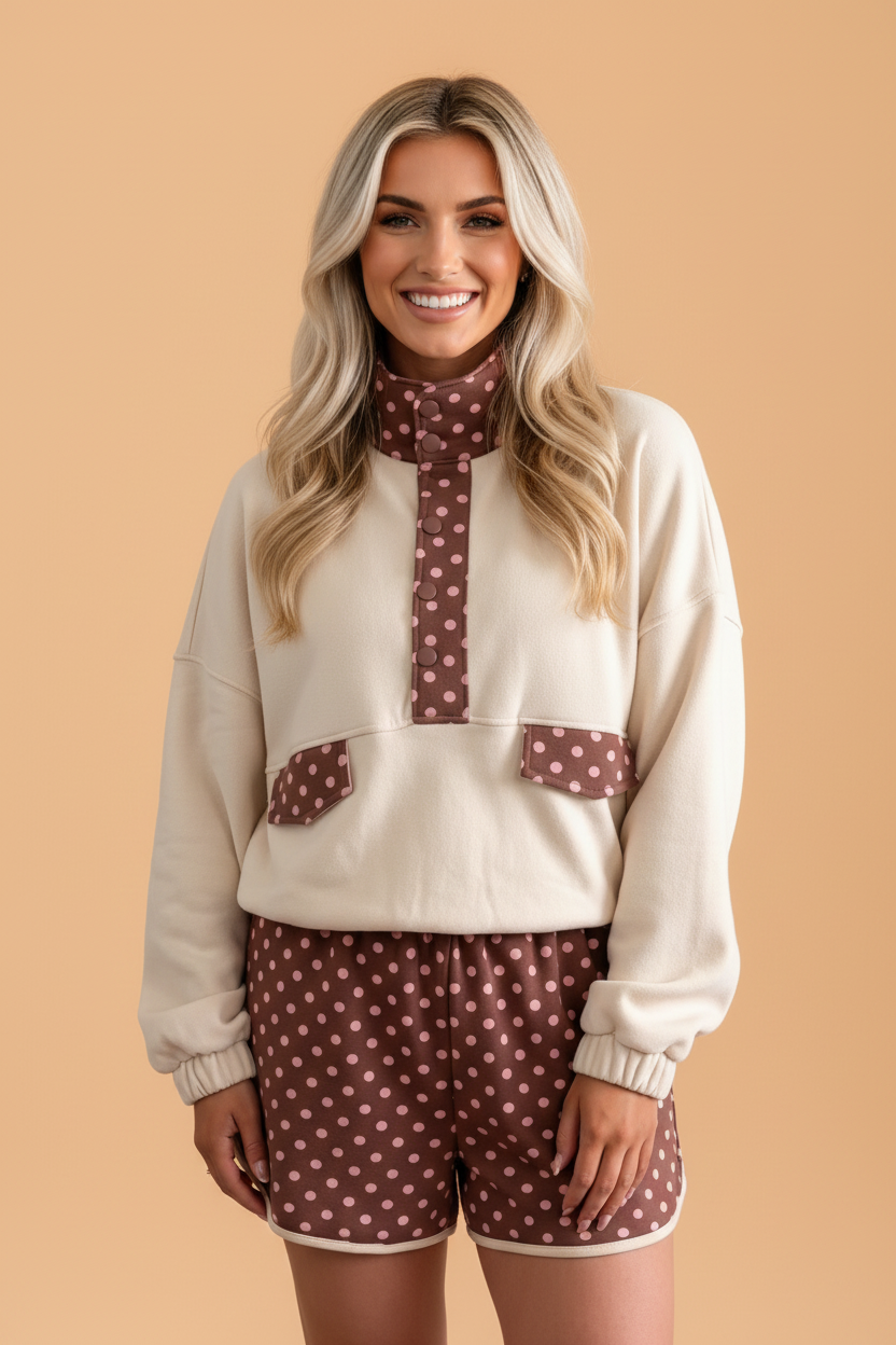 PRETTY BASH Polka Dot Patchwork Pullover & Shorts Set