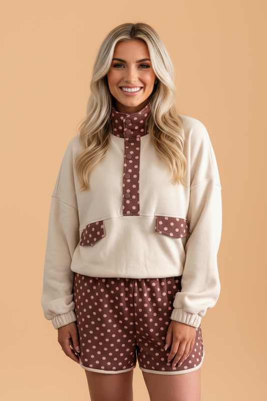 PRETTY BASH Polka Dot Patchwork Pullover & Shorts Set