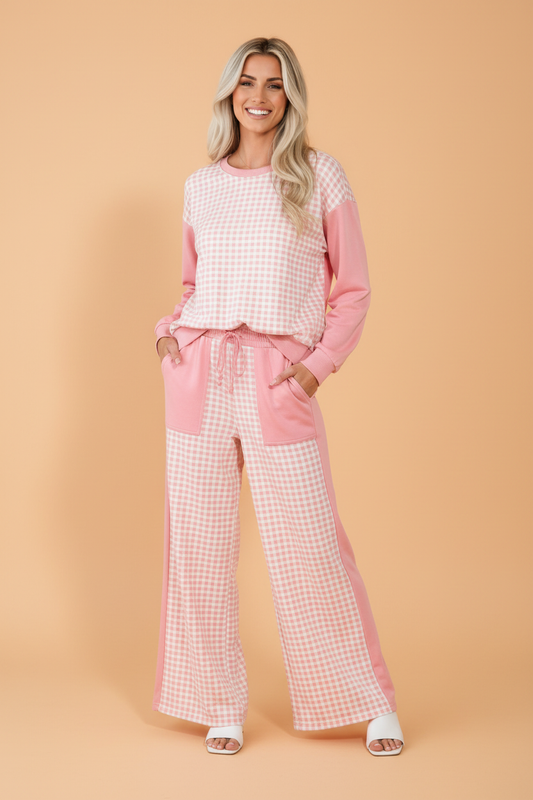 Gingham Patchwork Long Sleeve Top & Pant Set