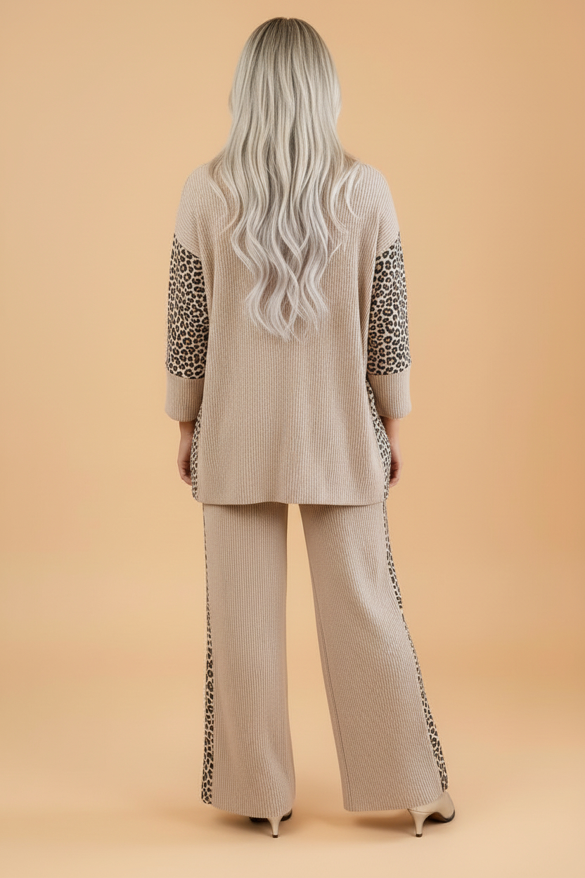 Leopard Patchwork Corded Knit Top & Pants Set
