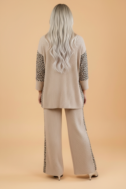 Leopard Patchwork Corded Knit Top & Pants Set