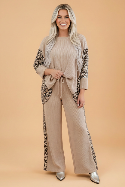 Leopard Patchwork Corded Knit Top & Pants Set