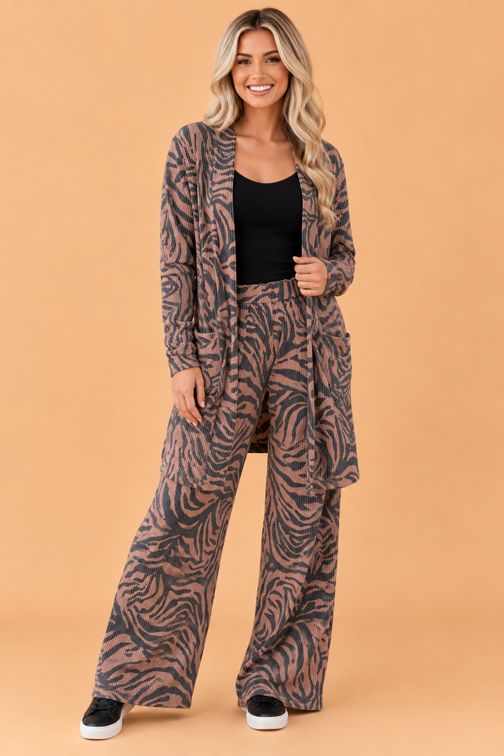 PRETTY BASH Zebra Corded Knit Longline Cardigan & Pants Set