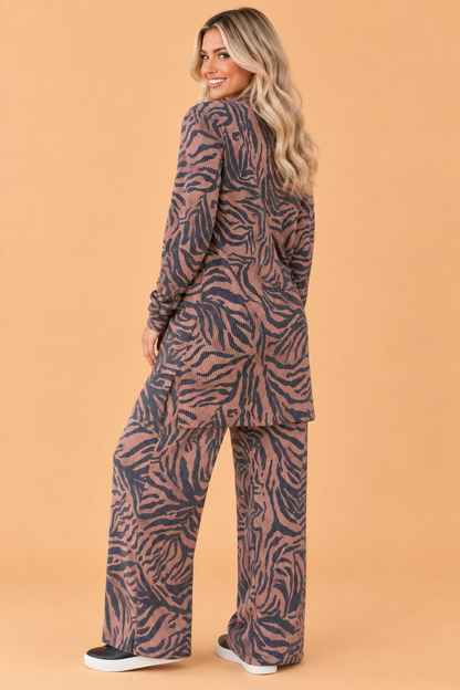 PRETTY BASH Zebra Corded Knit Longline Cardigan & Pants Set