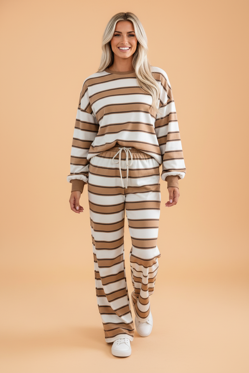 Stripe Contrast Trim Long Sleeve Top & Pants Set
