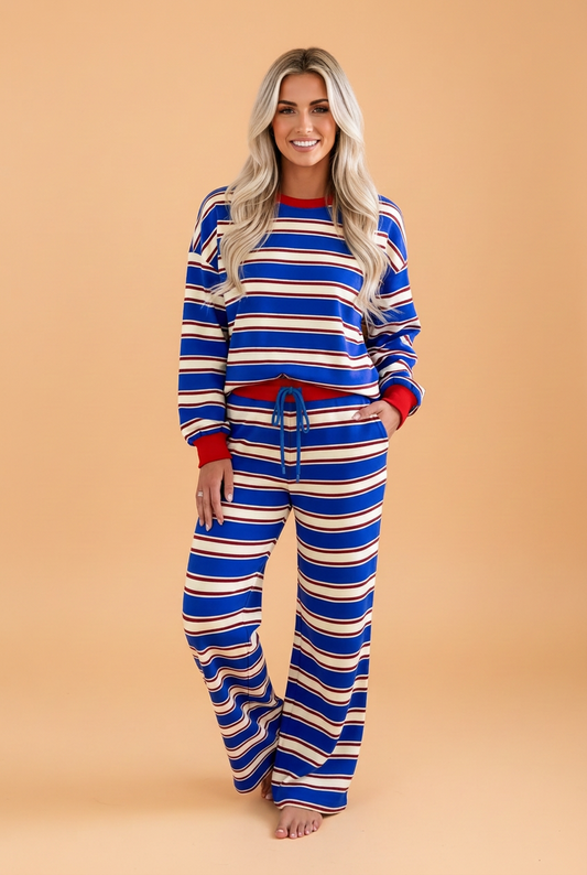 PRETTY BASH Stripe Contrast Trim Long Sleeve Top & Pants Set