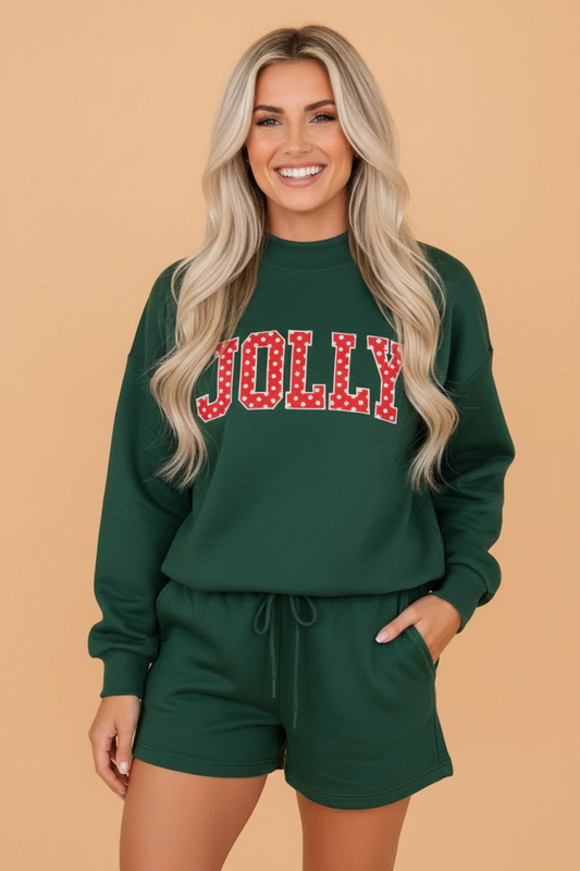 Christmas JOLLY Letter Print Sweatshirt & Shorts Set