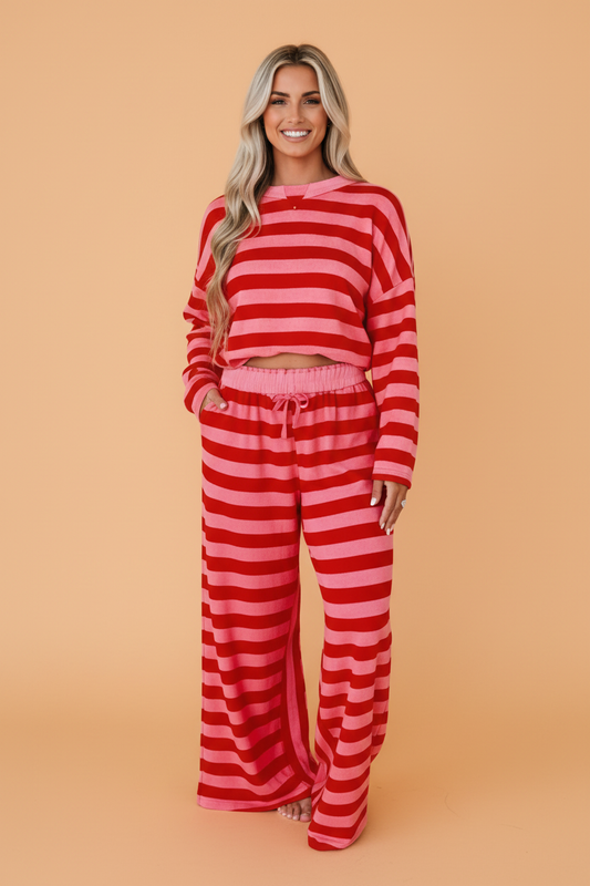PRETTY BASH Stripe Drop Shoulder Pullover Top & Loose Pants Set