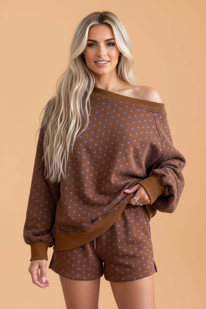 PRETTY BASH Polka Dot Long Sleeve Top & Drawstring Shorts Set