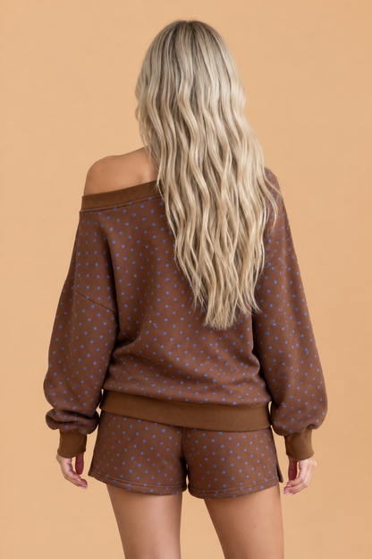 PRETTY BASH Polka Dot Long Sleeve Top & Drawstring Shorts Set