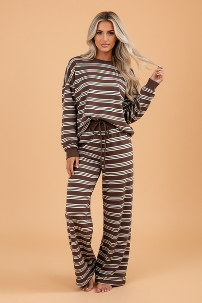 PRETTY BASH Stripe Back Cutout Top & Wide Leg Pants Set