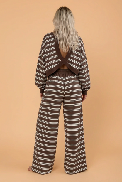 PRETTY BASH Stripe Back Cutout Top & Wide Leg Pants Set