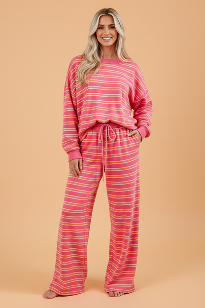 PRETTY BASH Stripe Back Cutout Top & Wide Leg Pants Set