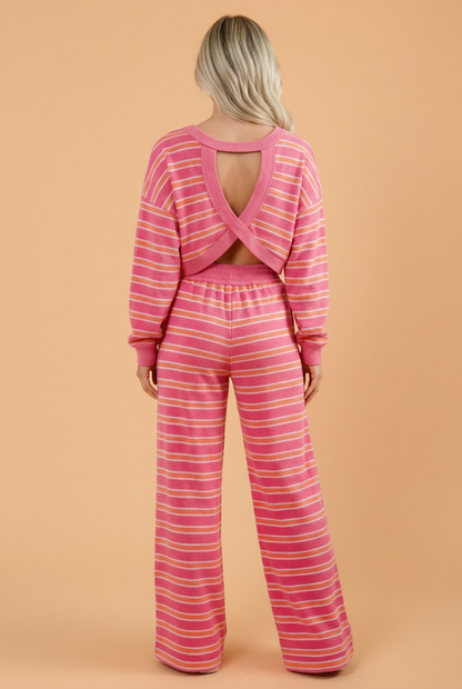 PRETTY BASH Stripe Back Cutout Top & Wide Leg Pants Set