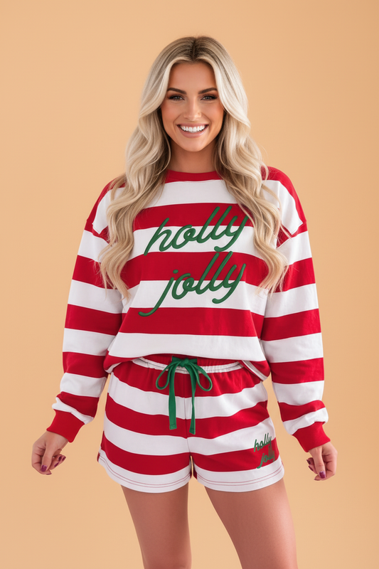 PRETTY BASH Christmas Holly Jolly Embroidered Stripe Top & Shorts Set