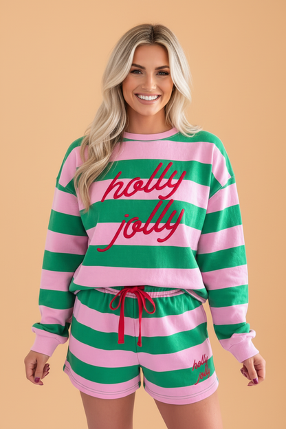 PRETTY BASH Christmas Holly Jolly Embroidered Stripe Top & Shorts Set