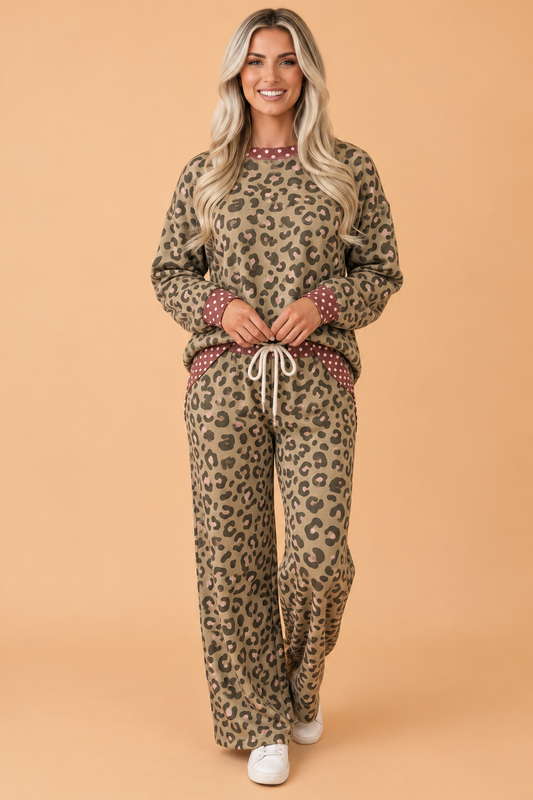 PRETTY BASH Leopard Polka Dot Colorblock Trim Top & Pants Set