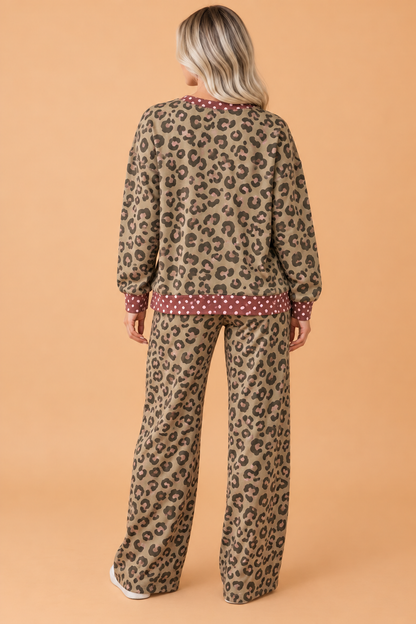PRETTY BASH Leopard Polka Dot Colorblock Trim Top & Pants Set