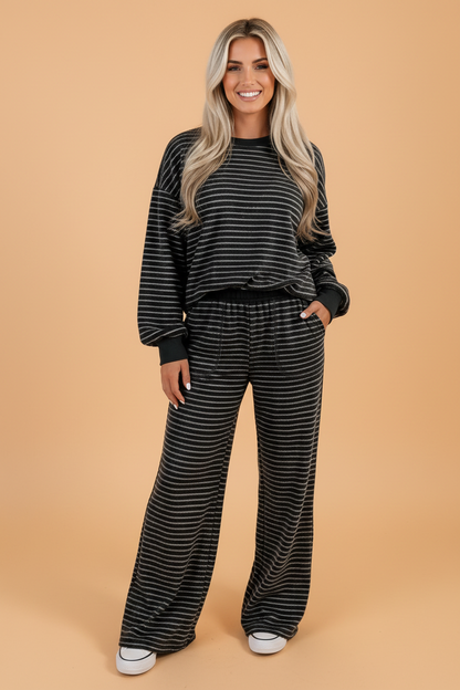 PRETTY BASH Stripe Long Sleeve Top & Pocketed Pants Set