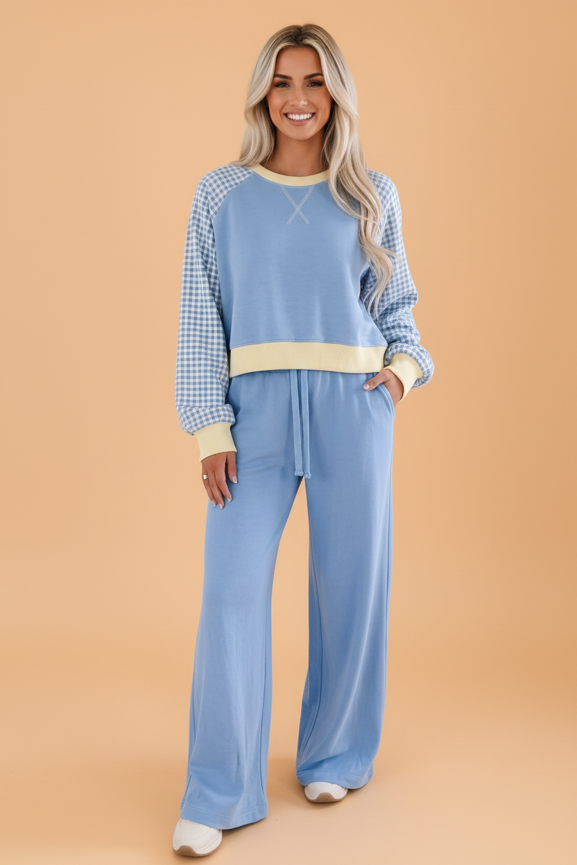 PRETTY BASH Colorblock Gingham Raglan Sleeve Top & Pants Set