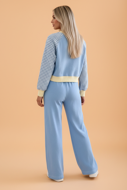 PRETTY BASH Colorblock Gingham Raglan Sleeve Top & Pants Set
