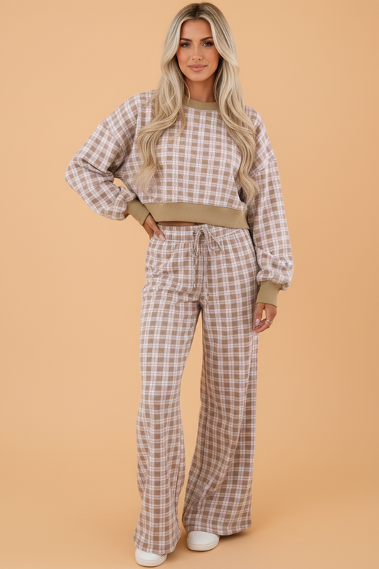 PRETTY BASH Plaid Colorblock Trim Crop Top & Pants Set