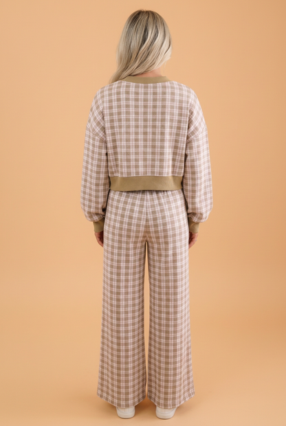 PRETTY BASH Plaid Colorblock Trim Crop Top & Pants Set