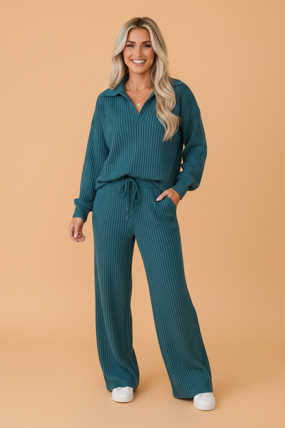 PRETTY BASH Solid Ribbed Knit Collared V-Neck Pullover & Pants Set