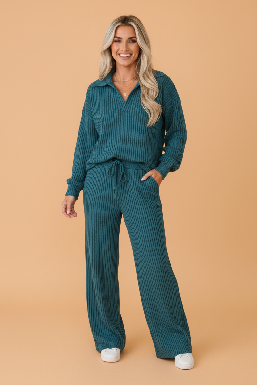 PRETTY BASH Solid Ribbed Knit Collared V-Neck Pullover & Pants Set