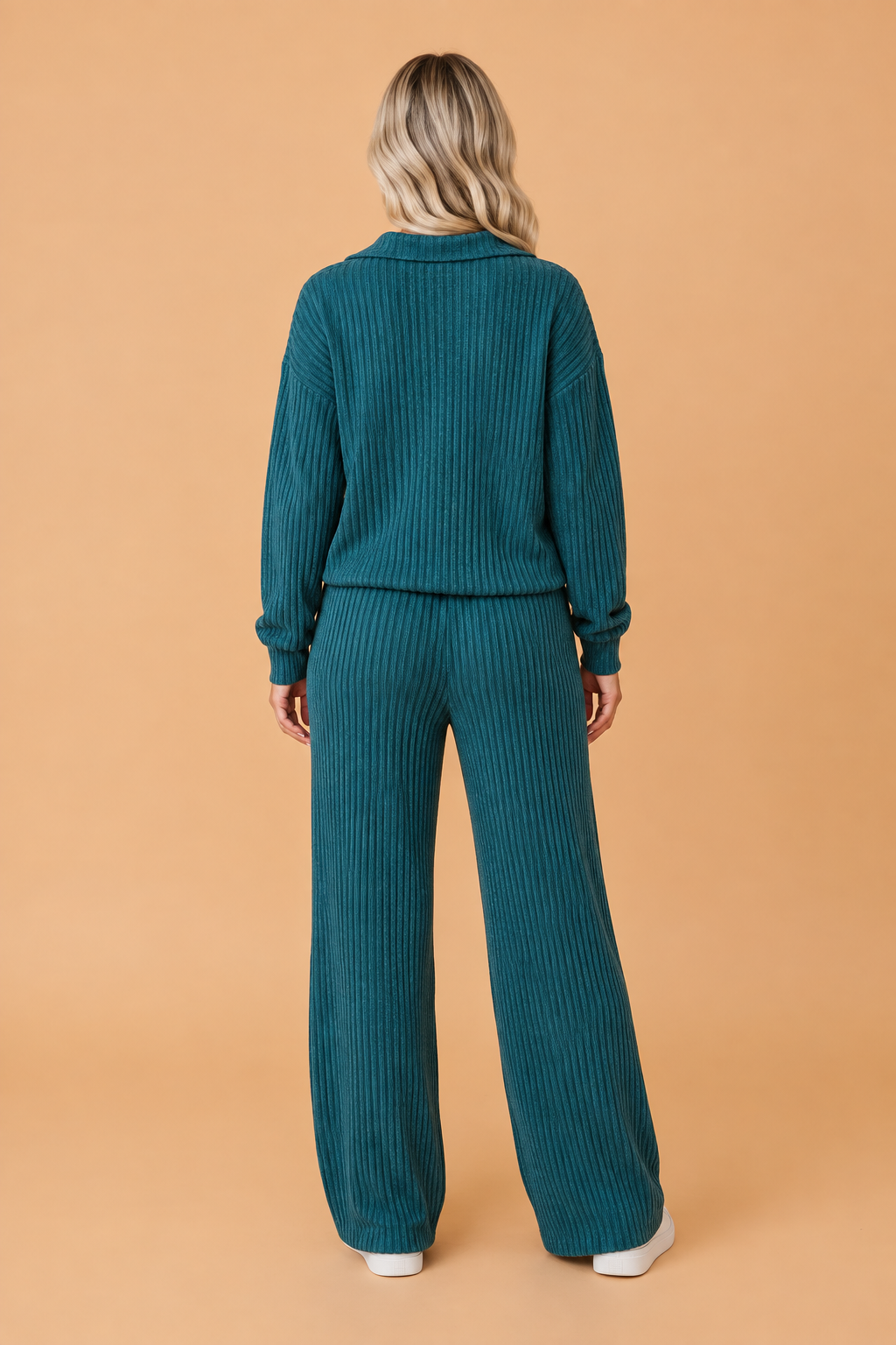 PRETTY BASH Solid Ribbed Knit Collared V-Neck Pullover & Pants Set