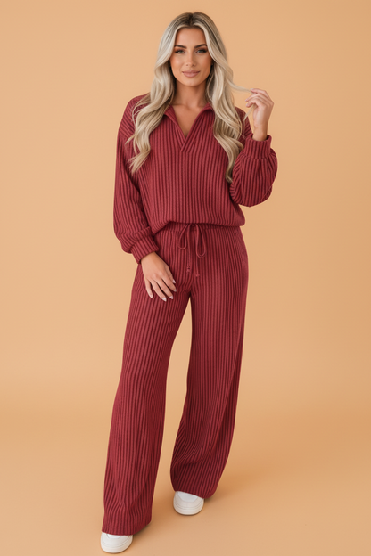 PRETTY BASH Solid Ribbed Knit Collared V-Neck Pullover & Pants Set