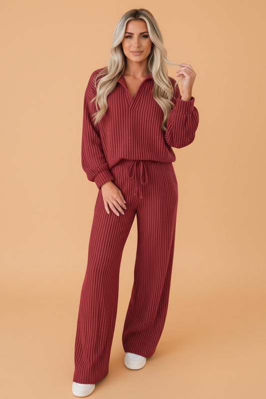 PRETTY BASH Solid Ribbed Knit Collared V-Neck Pullover & Pants Set