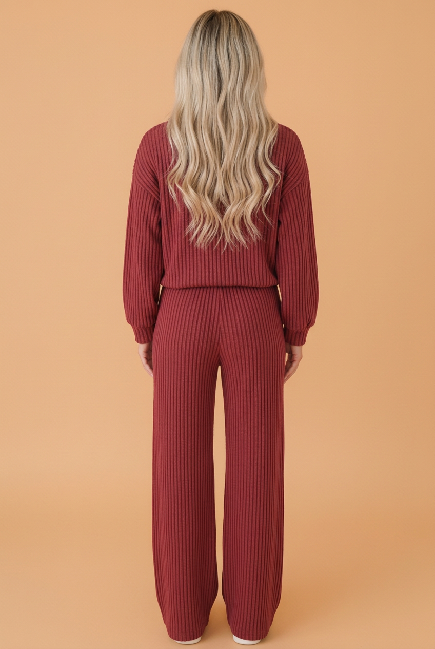 PRETTY BASH Solid Ribbed Knit Collared V-Neck Pullover & Pants Set