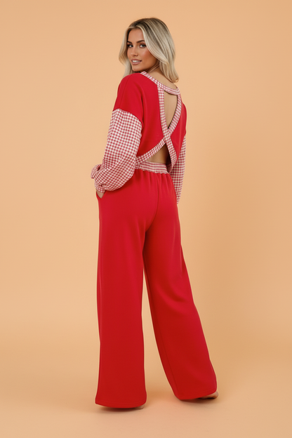 PRETTY BASH Gingham Patchwork Back Cutout Top & Pants Set