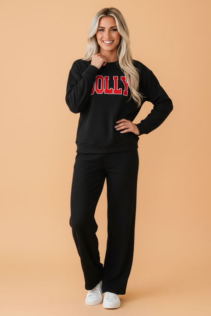 PRETTY BASH Christmas Letter Print Corded Knit Top & Pants Set