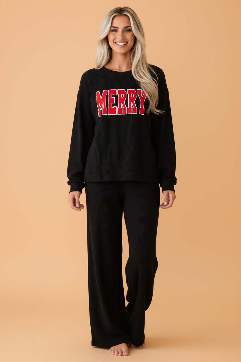 PRETTY BASH Christmas Letter Print Corded Knit Top & Pants Set